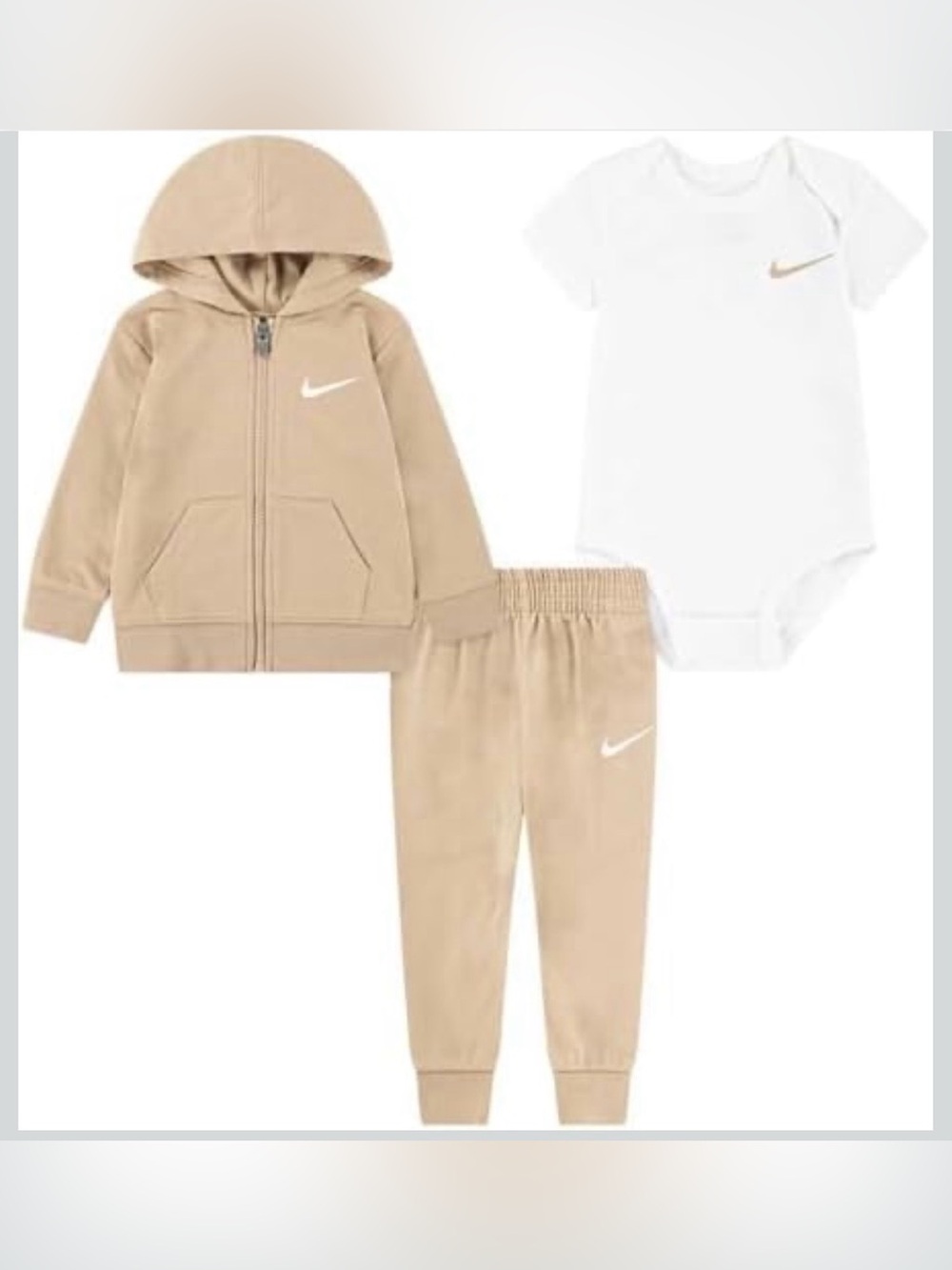 Nike Tan “Hemp” & White Newborn Hoodie, Pants & Bodysuit Set - baby shower gift